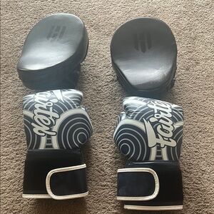 Fairtex Black and White Boxing Gloves and Pads